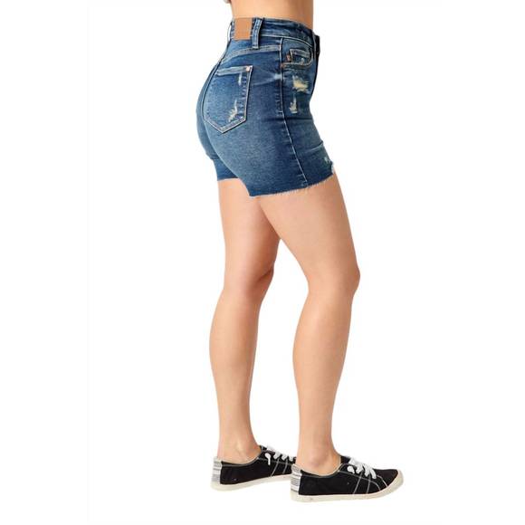 NEW JUDY BLUE high-rise cut off denim shorts in blue - Picture 3 of 5